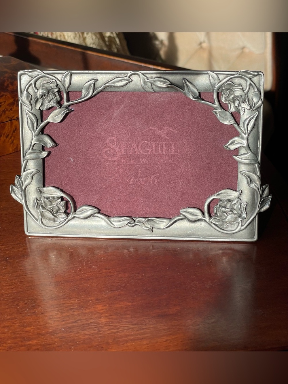 Vintage Seagull Pewter Rose & Vine Floral 4x6 Picture Frame